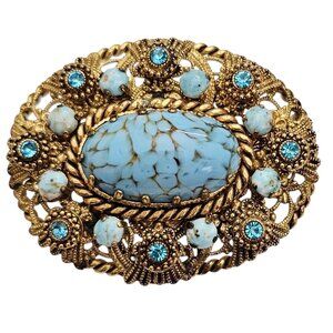 W Germany Blue Art Glass Oval Brooch Filigree Rhinestone Pin, Signed